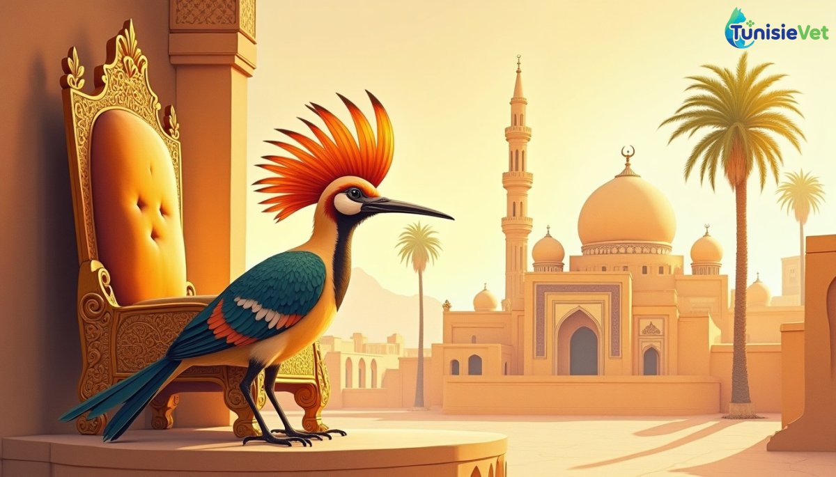 Une huppe fasciée au plumage orné se tient près d'un trône doré sous un ciel chaud, évoquant le récit coranique de Sulayman.