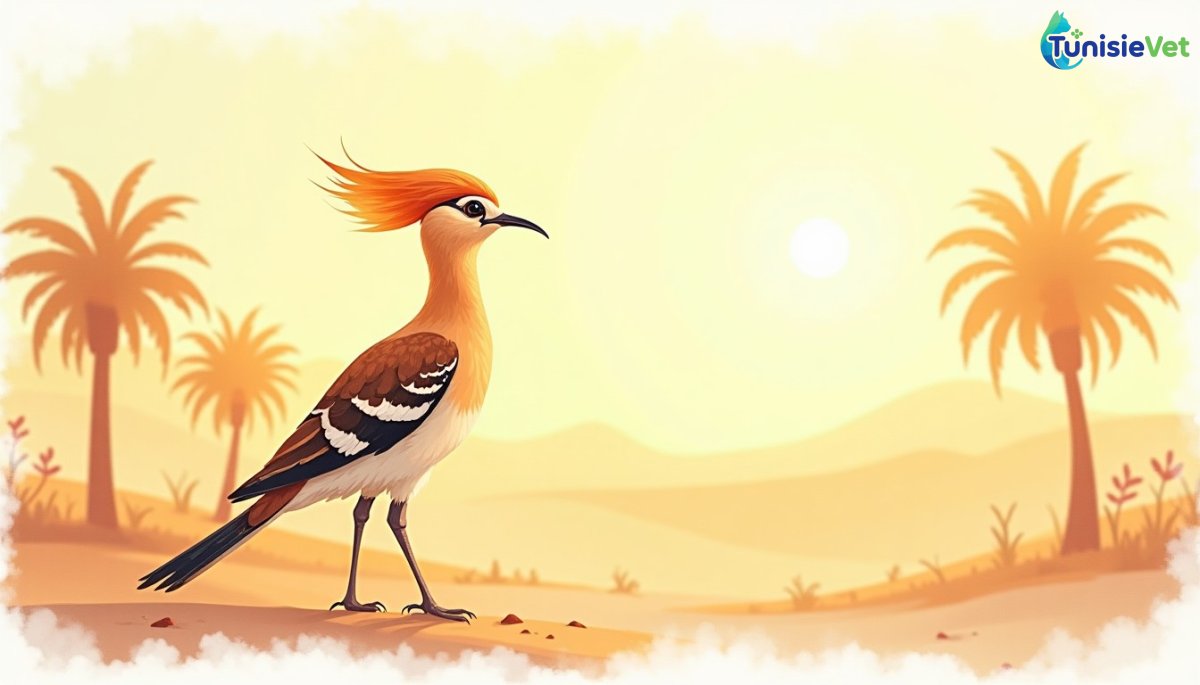 A hoopoe flies above a golden desert landscape near a palace with Islamic patterns.