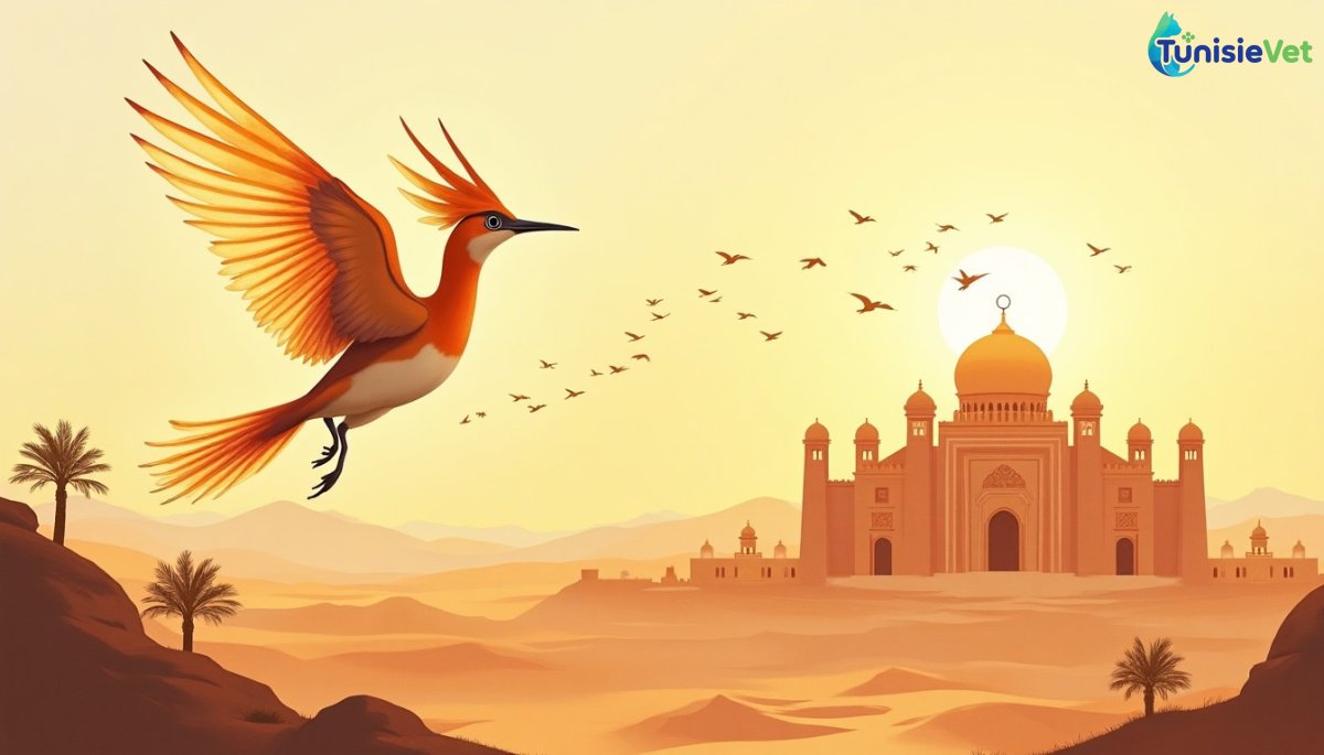 Une huppe fasciée vole au-dessus du désert vers un palais orné, entourée d'autres oiseaux volant en formation dans le ciel doré du crépuscule.