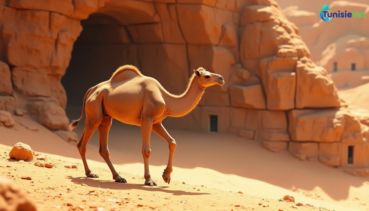 Une chamelle surgissant d'un rocher dans un paysage désertique baigné de lumière dorée, évoquant le signe donné au peuple de Salih.