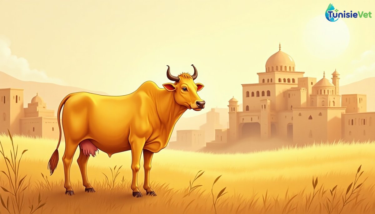 Une vache d'un jaune éclatant se tient dans un champ doré, évoquant le récit coranique de la sourate Al-Baqara.