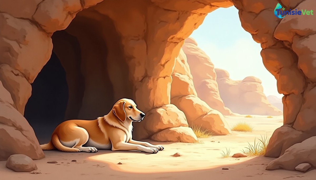 كلب وفيّ مستلقٍ عند مدخل كهف هادئ، رسم توضيحي مستوحى من قصة أصحاب الكهف القرآنية.