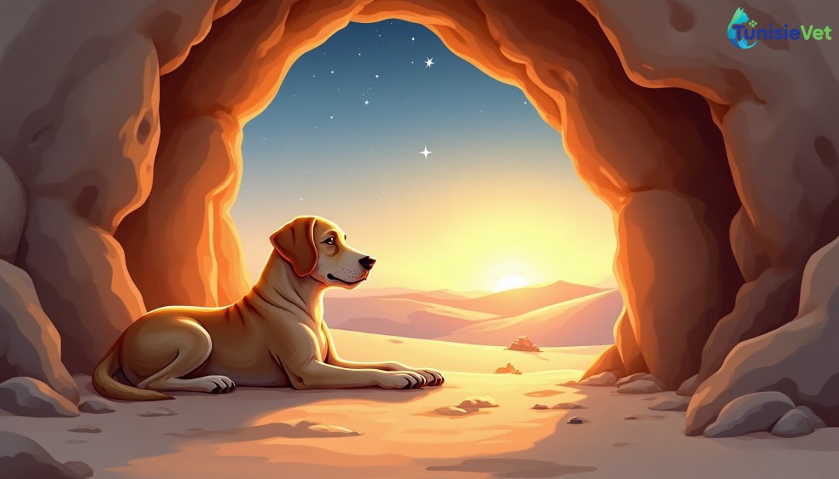 A faithful dog lying down with outstretched paws at the entrance of a cave bathed in golden light.