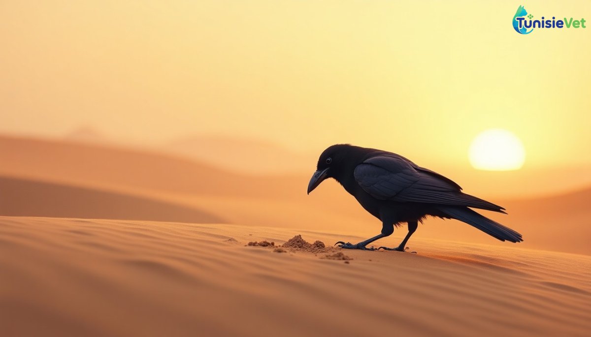 غراب يخدش رمال الصحراء عند طلوع الفجر، يجسّد التعليم الإلهي الوارد في القرآن الكريم.