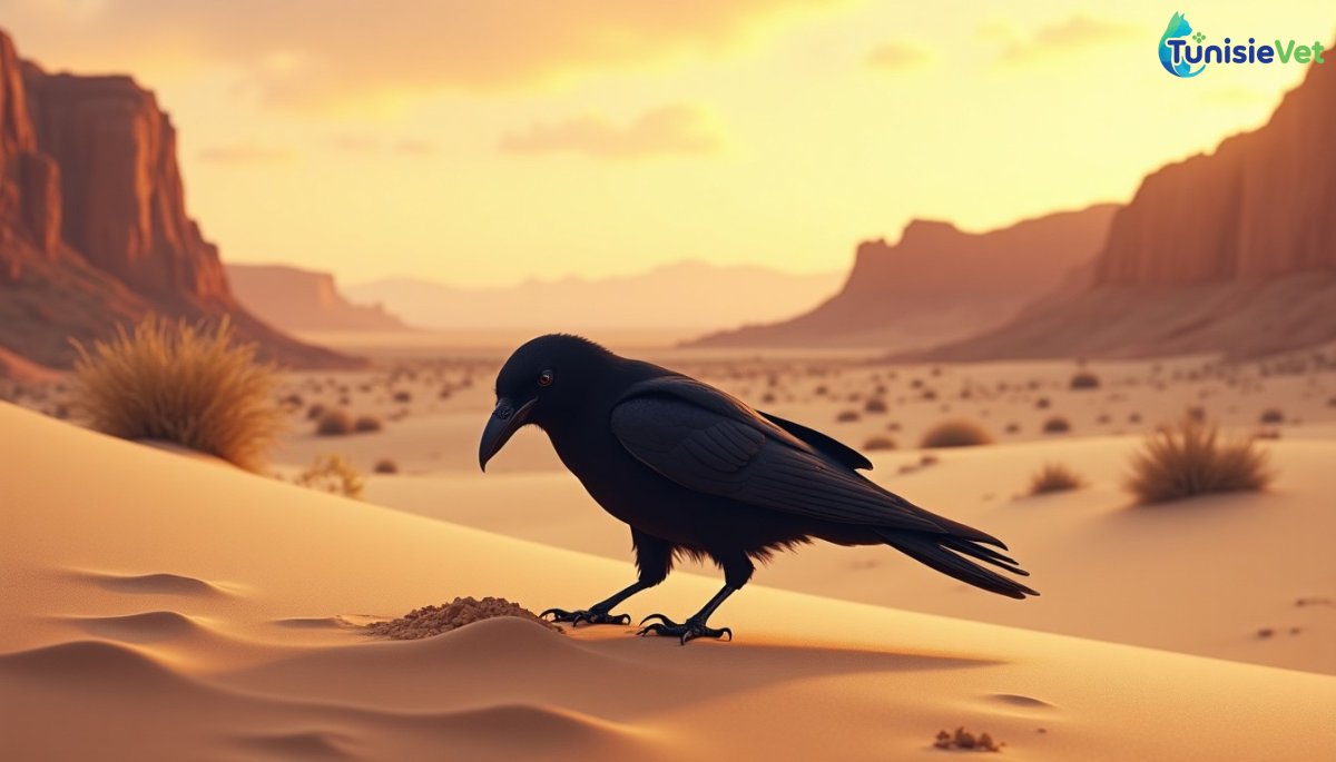غرابٌ يحفر في رمل الصحراء، مُجسّداً الحركة التي تُعلّمها السّرد القرآني.