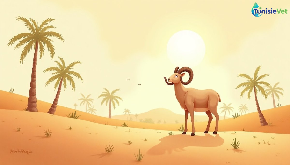 A majestic ram stands on a golden dune at sunset, evoking the sacrifice sent by God to redeem Ismail.