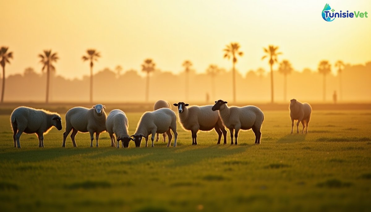 Un troupeau de moutons broutant paisiblement près d'un champ cultivé au lever du jour.
