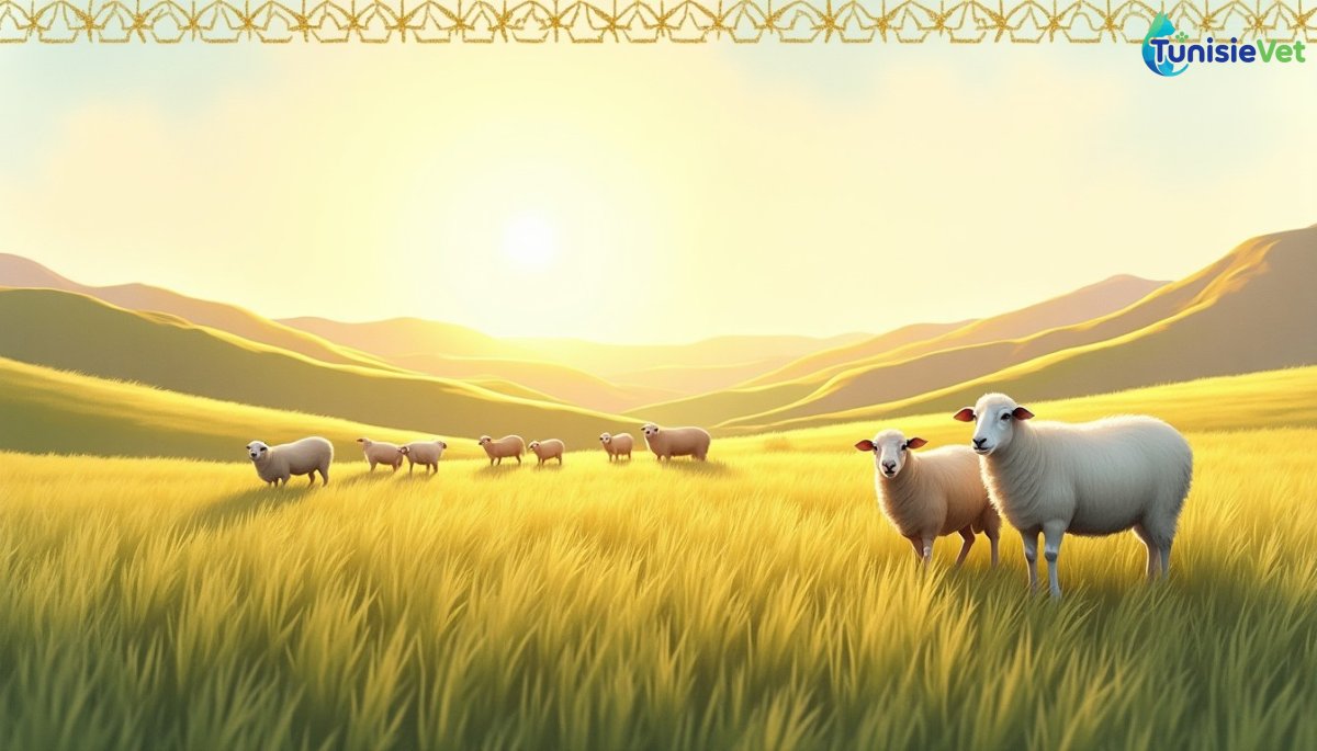 A flock of sheep grazing peacefully near a verdant wheat field at sunset.