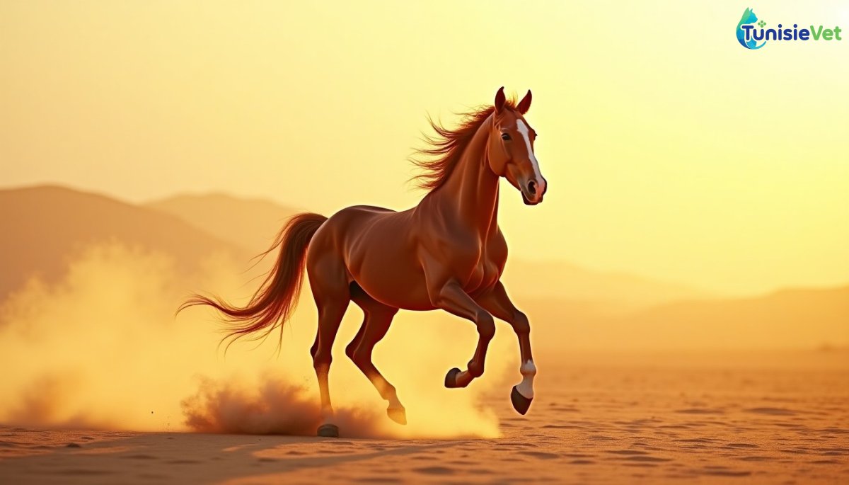 Un cheval galopant dans le désert au lever du soleil, illustration douce en aquarelle évoquant sa place particulière dans le Coran.