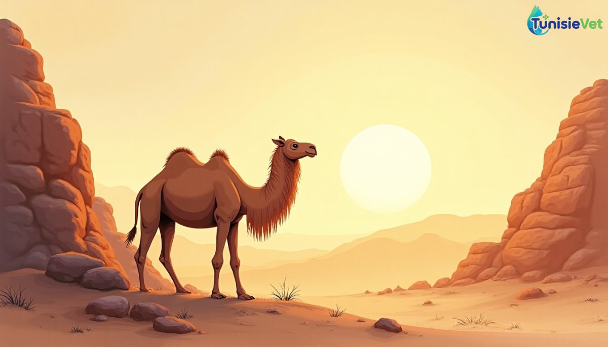 A camel stands near a desert rock at sunset, a gentle illustration evoking prophetic narratives.