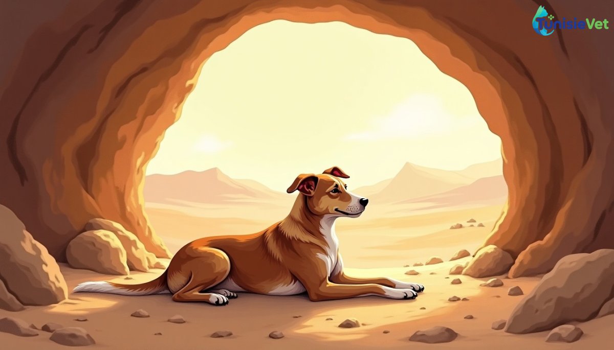 Un chien fidèle couché à l'entrée d'une caverne paisible, veillant patiemment dans une lumière dorée.
