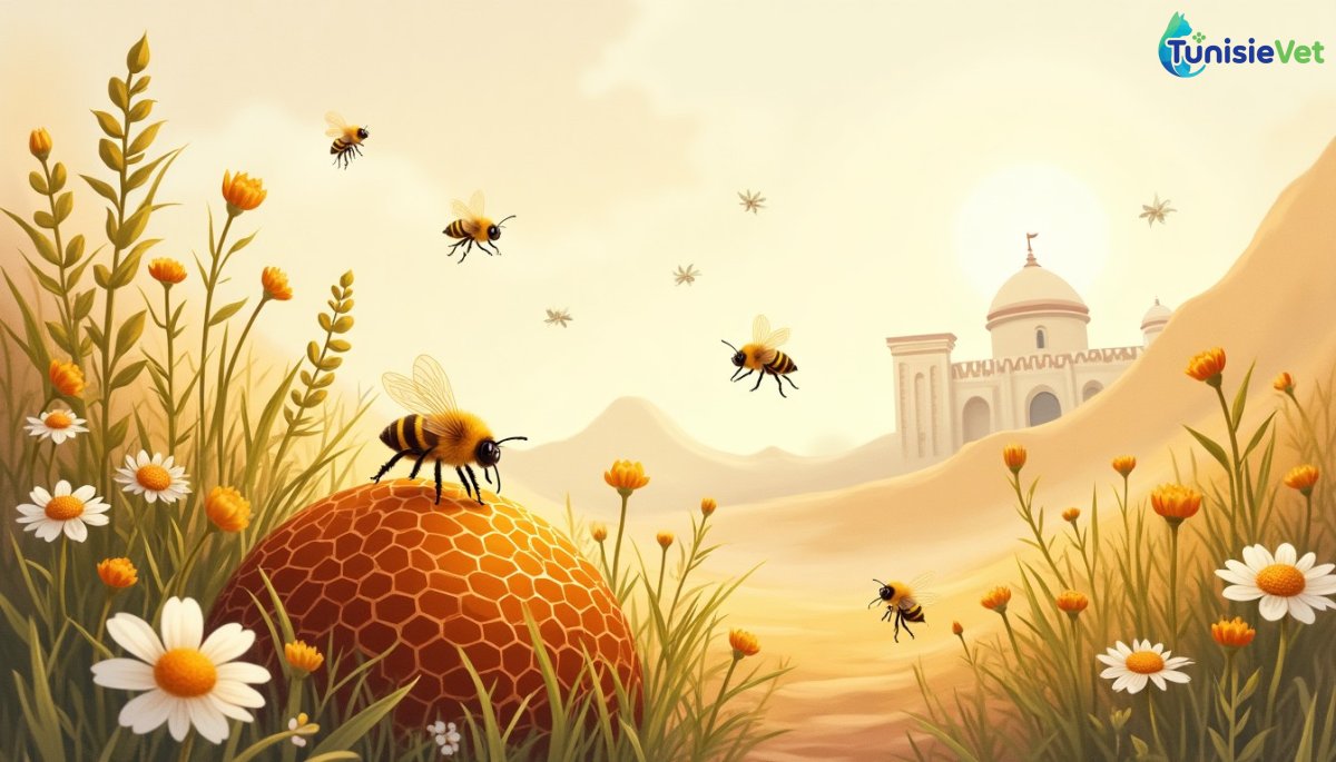 Honeybees foraging on flowers around a golden honeycomb bathed in warm light.
