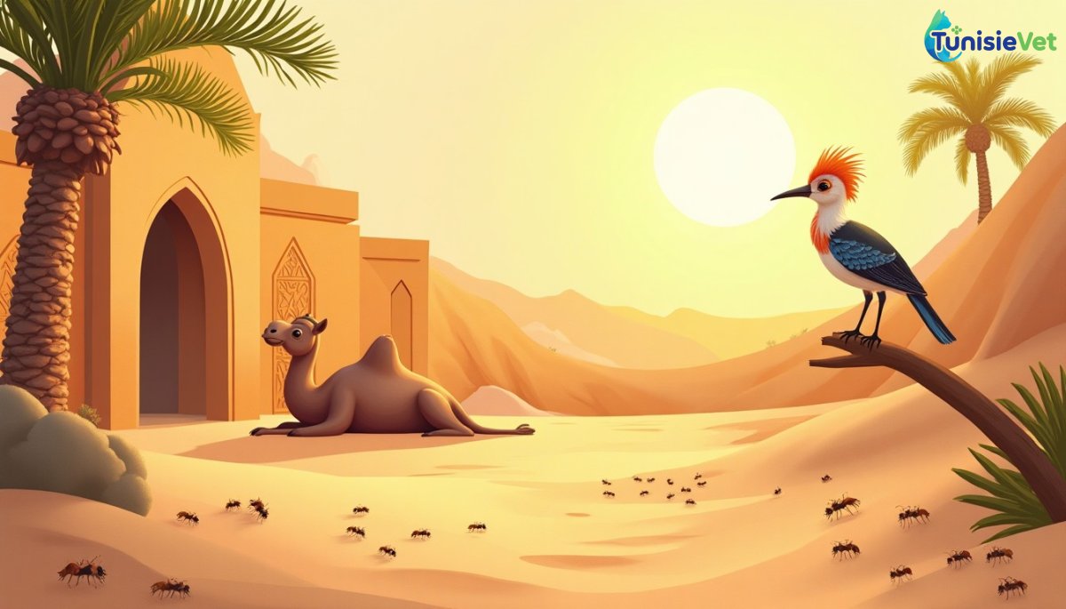 Illustration douce d'une fourmi, d'une huppe fasciée et d'un chameau dans une oasis au coucher du soleil, évoquant les signes animaliers du Coran.