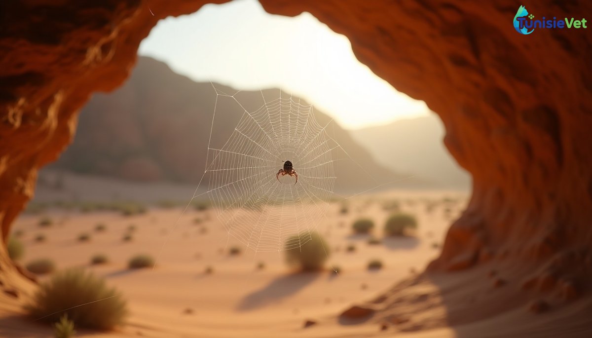 Une toile d'araignée délicate tissée à l'entrée d'une grotte, illustrant la parabole coranique de la fragilité.