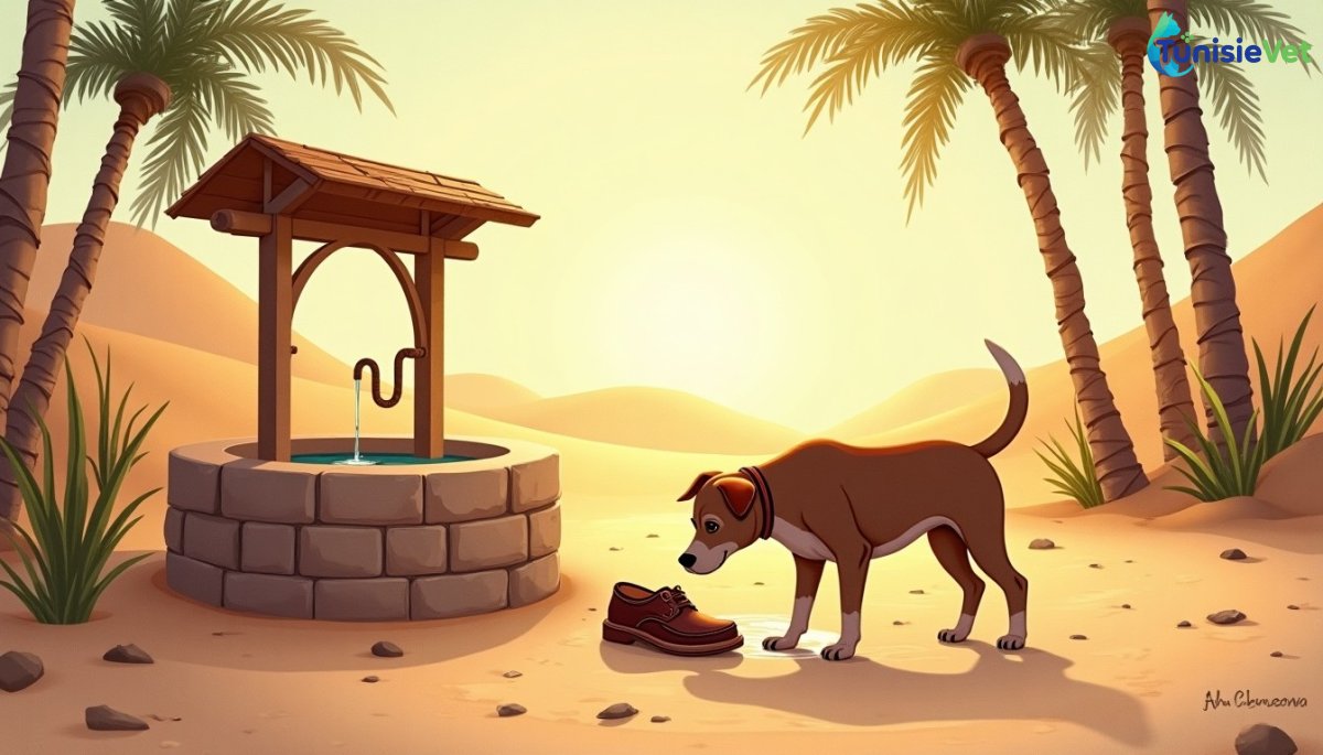 A thirsty dog drinking water poured into a shoe near a well in the desert.