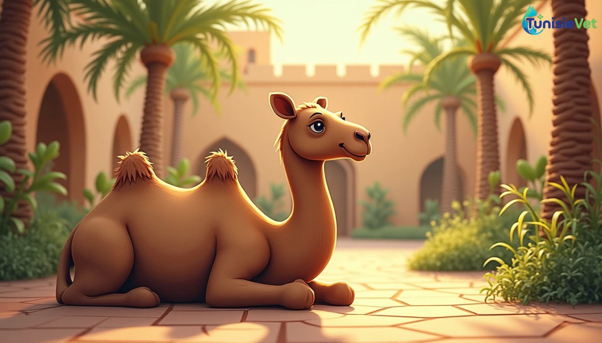 جمل يستريح بهدوء في حديقة خضراء غمرتها الأضواء الذهبية.