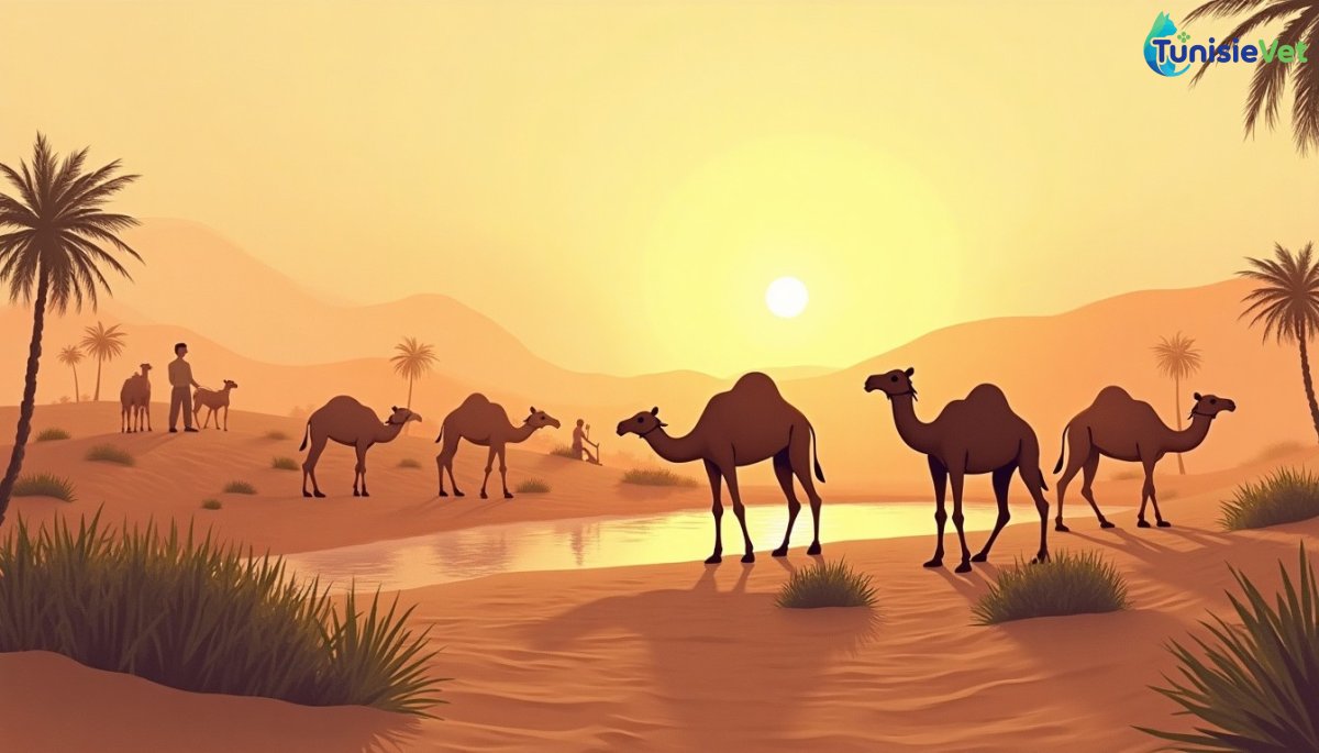 A caravan of camels resting peacefully at an oasis at sunset.