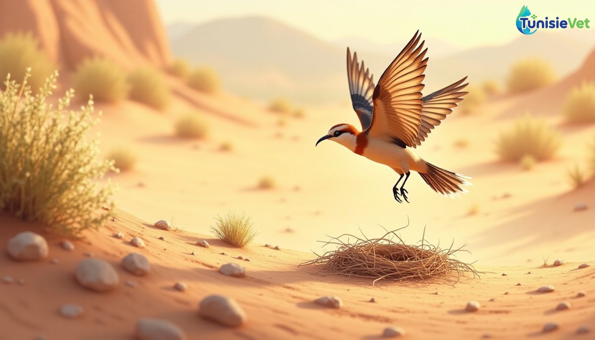 A small hoopoe flies anxiously above its empty nest in a desert landscape bathed in warm light.