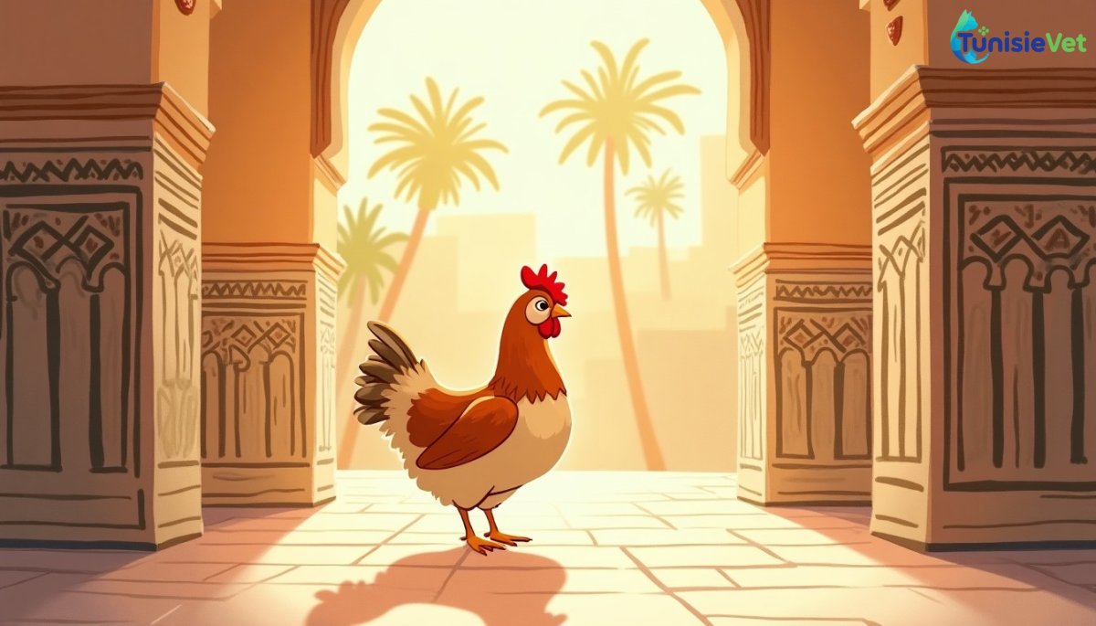 A peaceful hen in a sunny courtyard decorated with Islamic geometric patterns, symbolizing kindness toward animals.