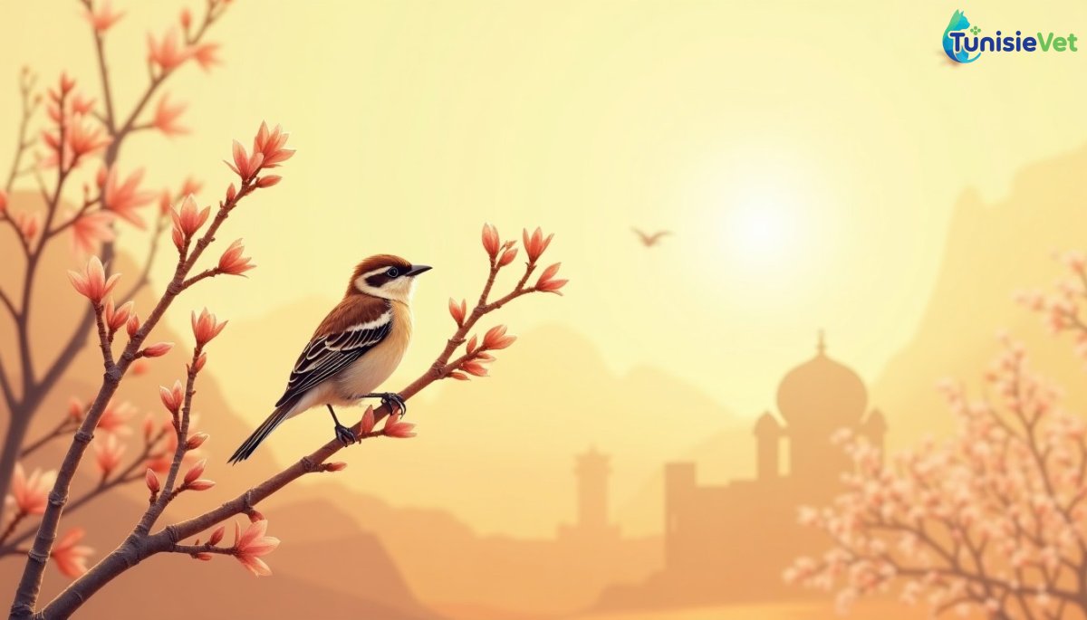 A sparrow resting peacefully on a flowering branch under golden light, illustrating the respect owed to birds.
