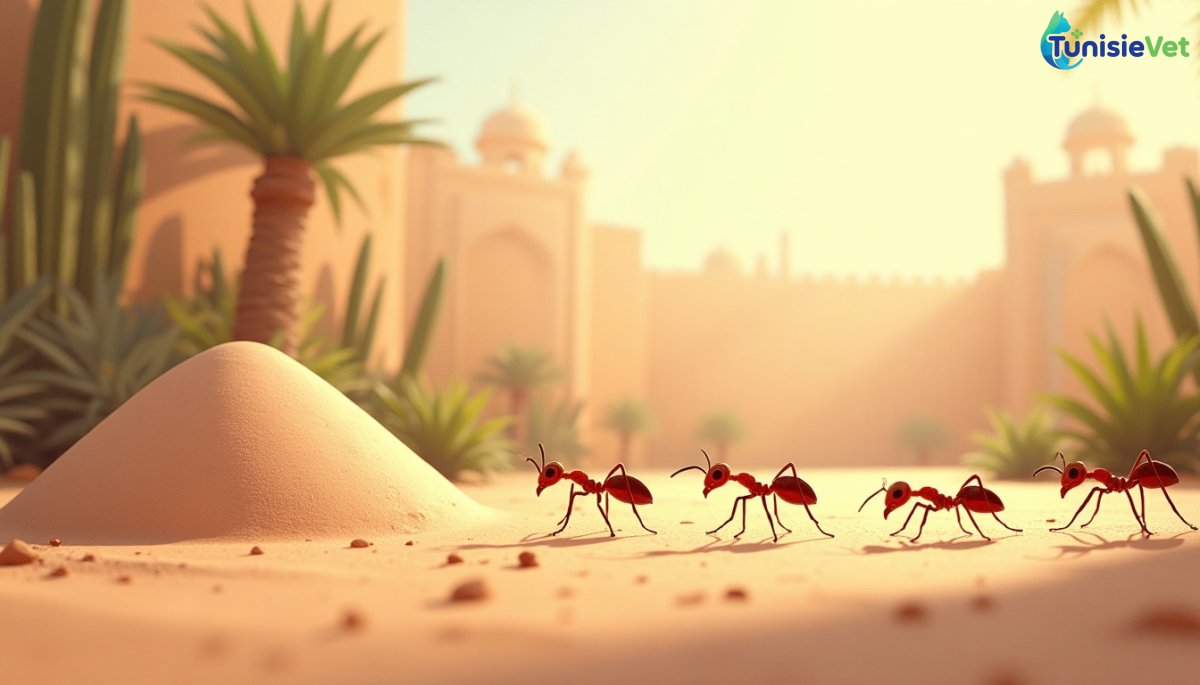 مستعمرة نمل هادئة في حديقة تغمرها أشعة ضوء ناعمة، توضيح للسرد حول الرحمة بالنمل.