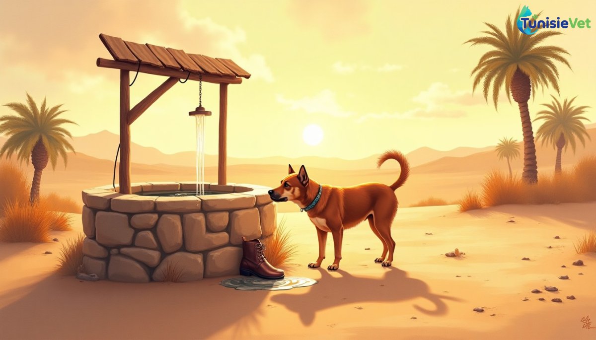 A thirsty dog drinking water poured from a shoe near an old well in the desert at sunset.