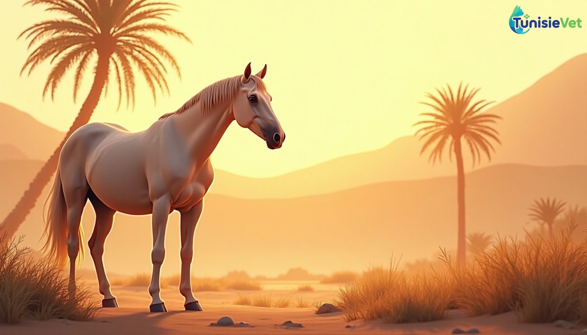 حصان عربي هادئ في واحة صحراوية مغمورة بنور دافئ، رسم توضيحي بأسلوب الألوان المائية يشبه كتب القصص.