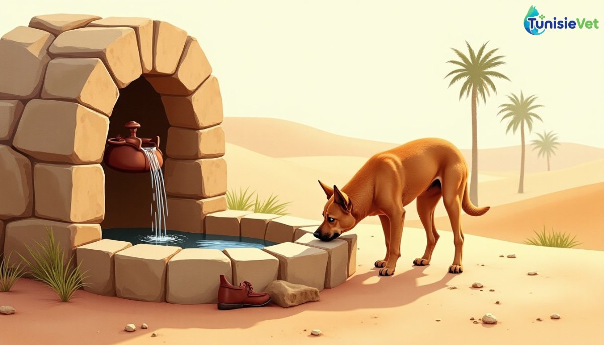 A thirsty dog drinking water poured by a traveler near a well in the desert, a gentle watercolor illustration.