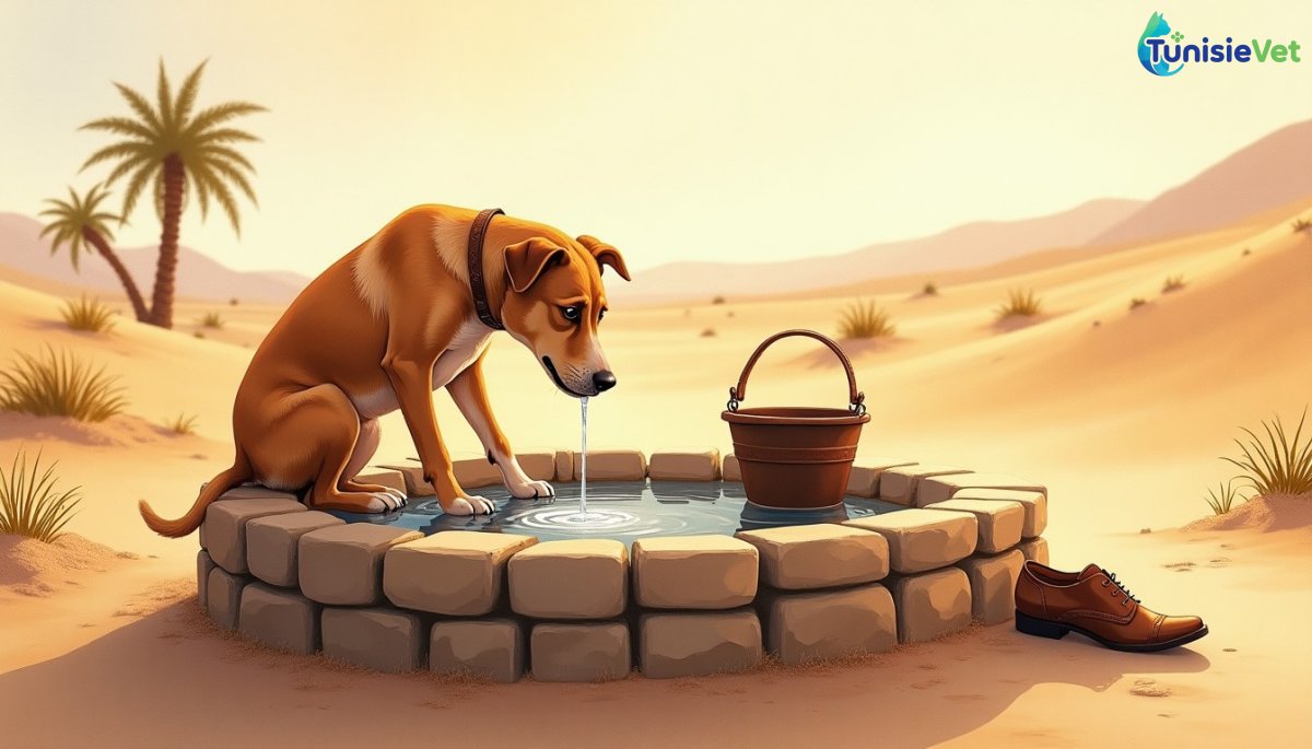 كلب عطش يشرب الماء المصبوب في حذاء بجانب بئر قديم في الصحراء.