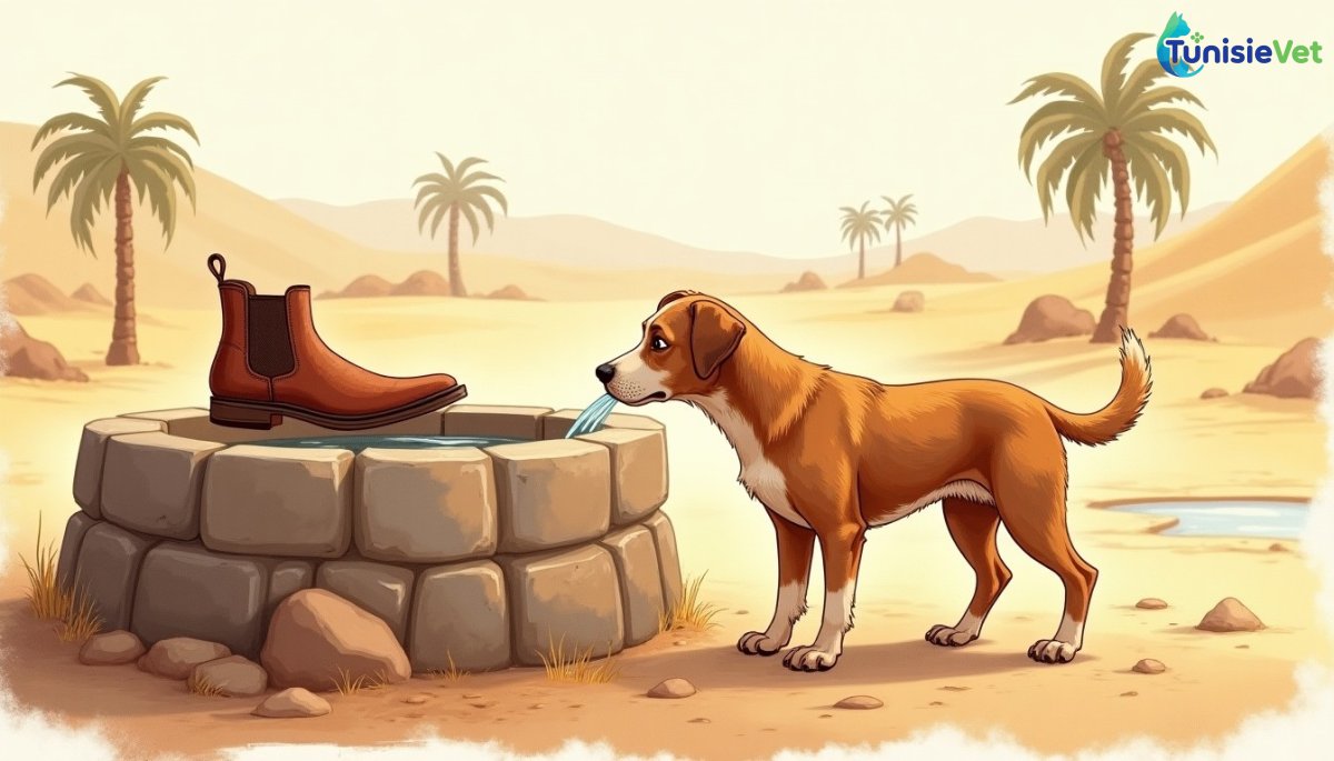 A thirsty dog drinks water poured near a stone well in a desert landscape bathed in warm light.