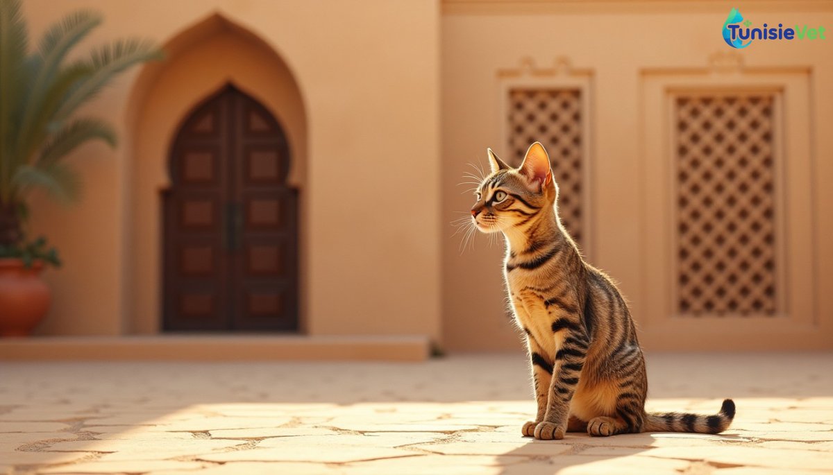 قطّة جالسة وحدها بجانب حوض صغير من الطين في فناء مشمس، يجسّد الحديث عن الرحمة بالحيوانات.