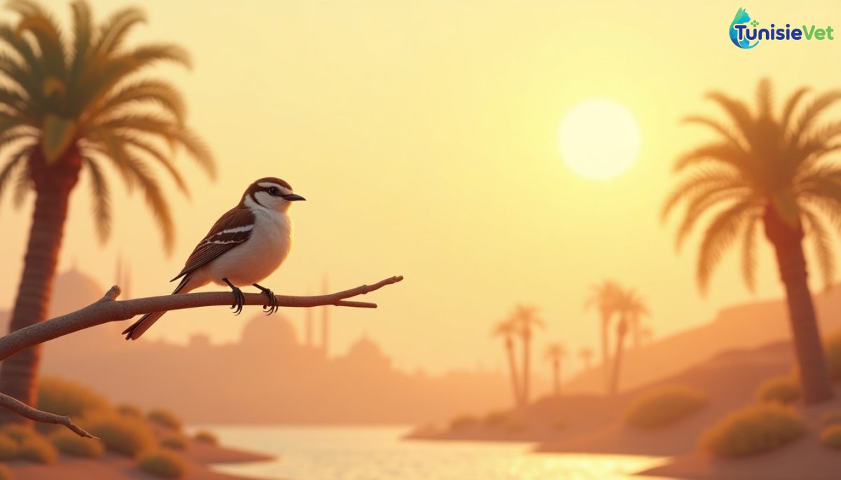 A small bird resting peacefully on a branch in an oasis bathed in golden light.