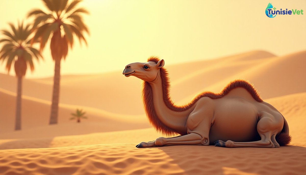 A camel rests peacefully in an oasis bathed in golden light, illustrating compassion toward working animals.