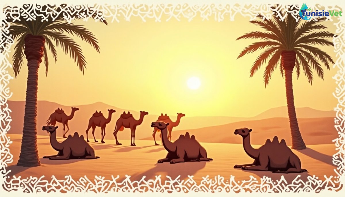 Des chameaux se reposent paisiblement près d'une oasis au coucher du soleil, illustrant les enseignements prophétiques sur le voyage avec les animaux.