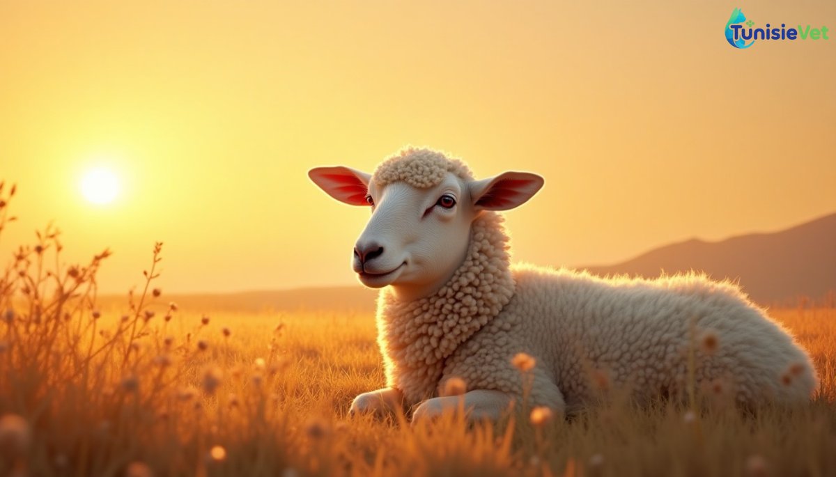 Un mouton paisible se reposant dans une prairie dorée baignée de lumière chaude.