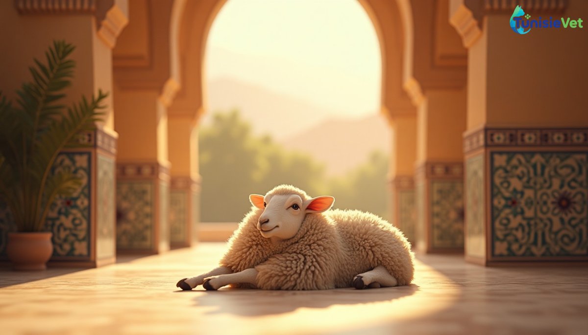 A calm sheep resting in a sunny courtyard decorated with Islamic geometric patterns.