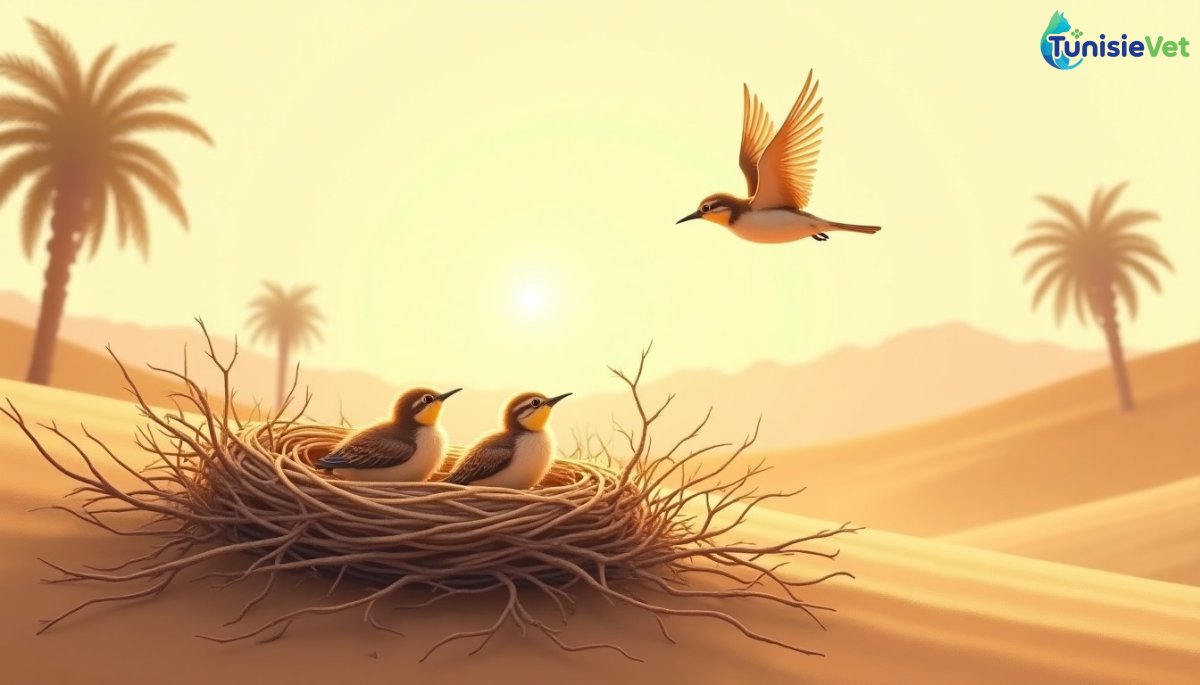 Une mère oiseau vole avec inquiétude au-dessus de son nid contenant ses petits oisillons, dans un paysage désertique baigné de lumière dorée.