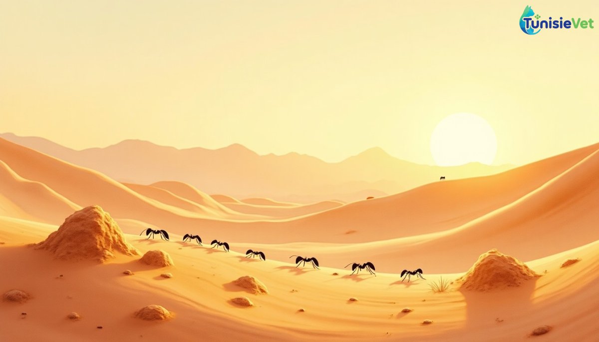 Illustration douce d'une vallée désertique où de petites fourmis se réfugient paisiblement dans leurs fourmilières au soleil couchant.