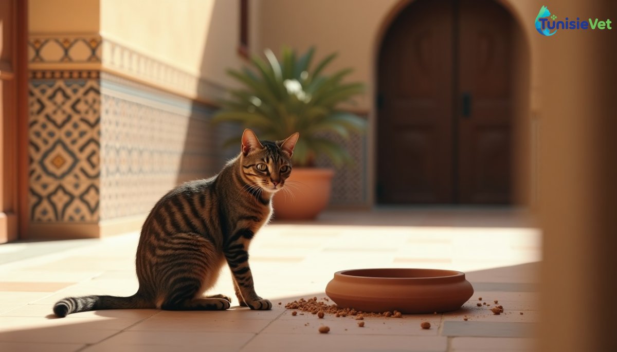 A cat sitting peacefully near a water bowl in a sunny courtyard with Islamic patterns.
