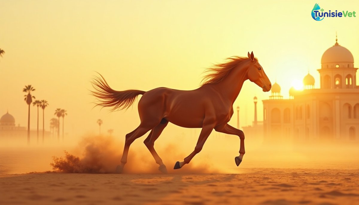 حصان عربي يجري في الصحراء الذهبية عند شروق الشمس، رسم توضيحي ناعم بألوان الألوان المائية.