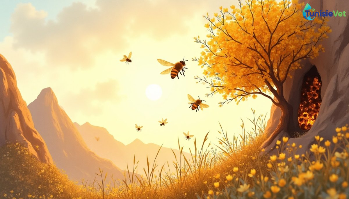Soft watercolor illustration of bees flying around a flowering tree near mountains bathed in golden light, with a honeycomb nestled in the rock.