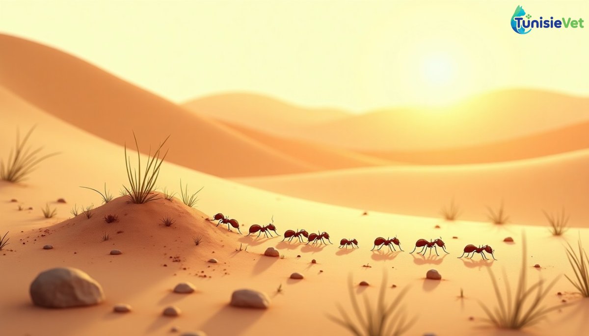 رسم توضيحي لطيف لمستعمرة نمل في وادٍ صحراويّ يغمره النور الذهبيّ.