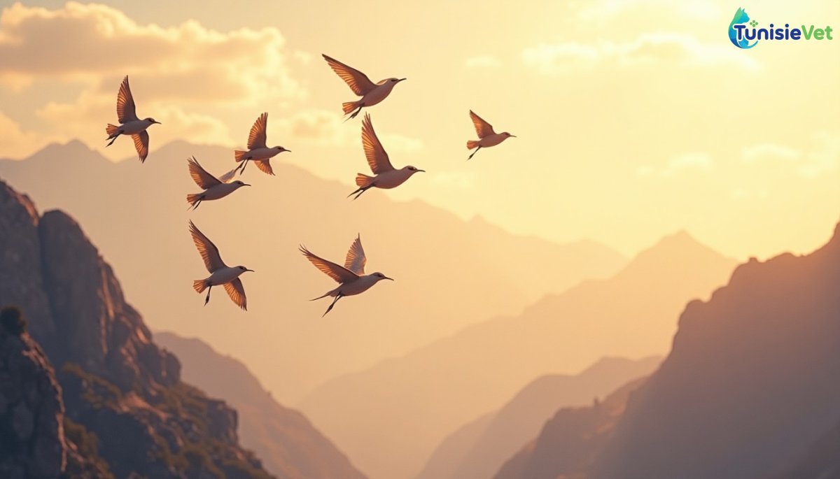 A flock of birds spreading their wings above mountains bathed in the golden light of morning.
