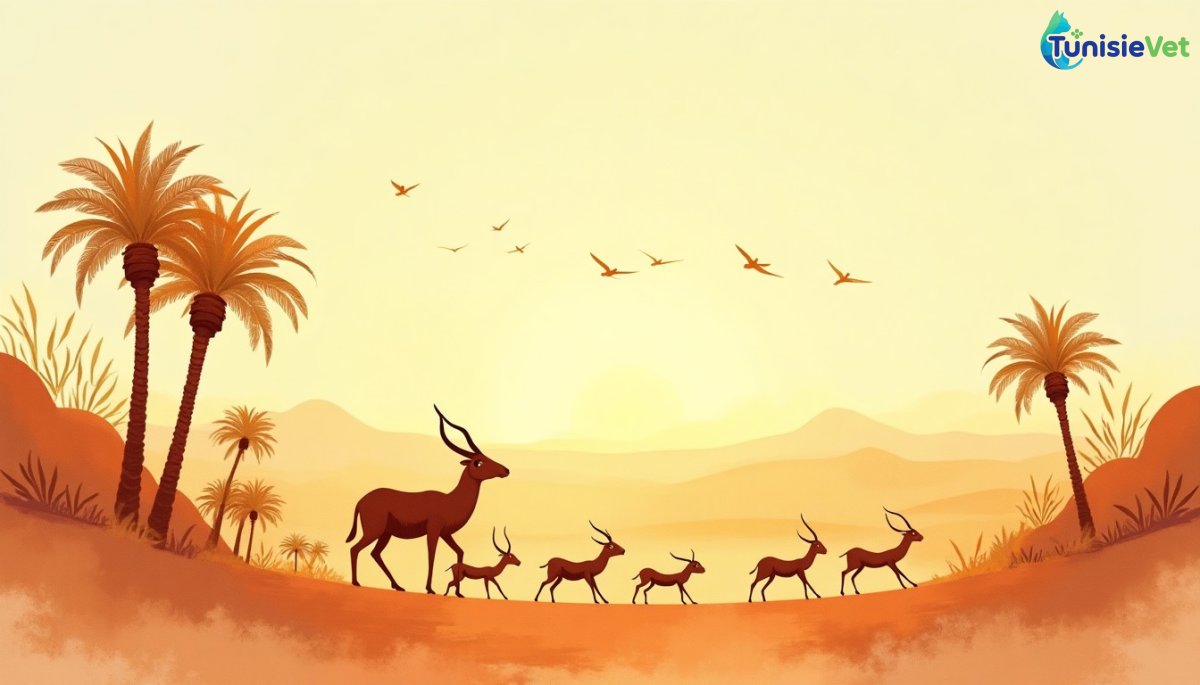 Soft illustration of an oasis at sunrise with ants, birds flying in groups, and gazelles, evoking the animal communities mentioned in the Quran.