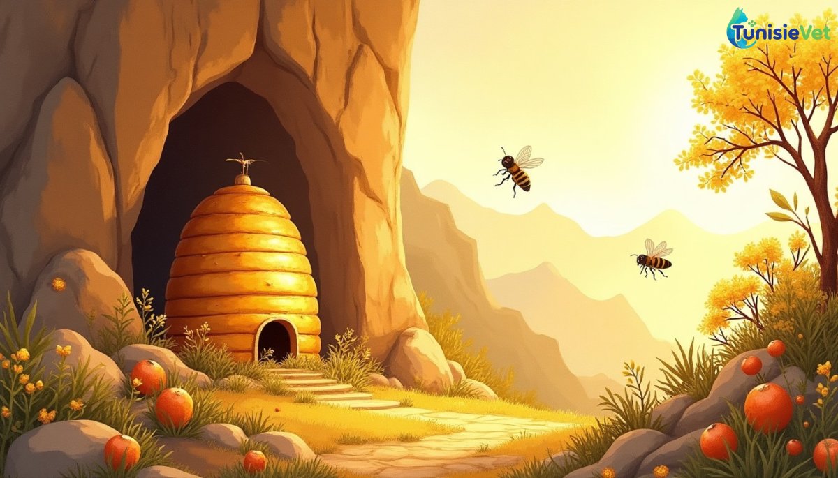 A golden hive nestled in the mountain with bees flying gently among flowers, a soft illustration evoking the divine inspiration described in the Quran.