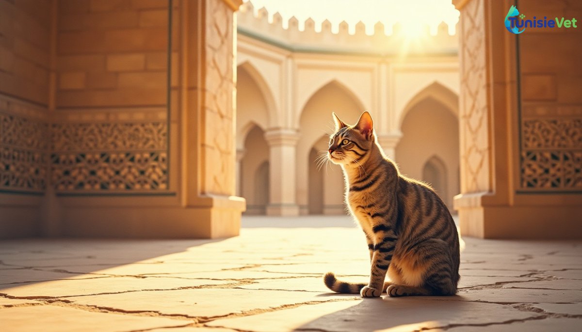 A peaceful cat sitting in the sunny courtyard of a mosque decorated with geometric patterns.