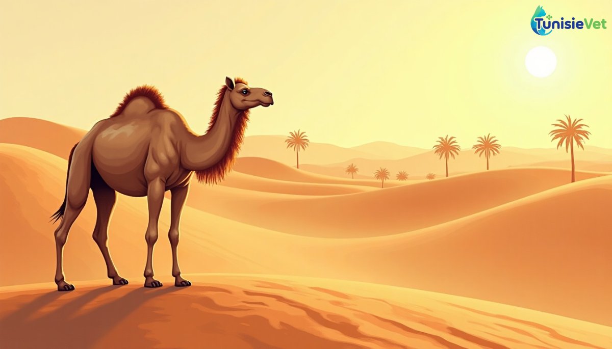 جملٌ واقفٌ في صحراء ذهبيّة عند غروب الشمس، رسمةٌ ناعمةٌ بالألوان المائيّة.