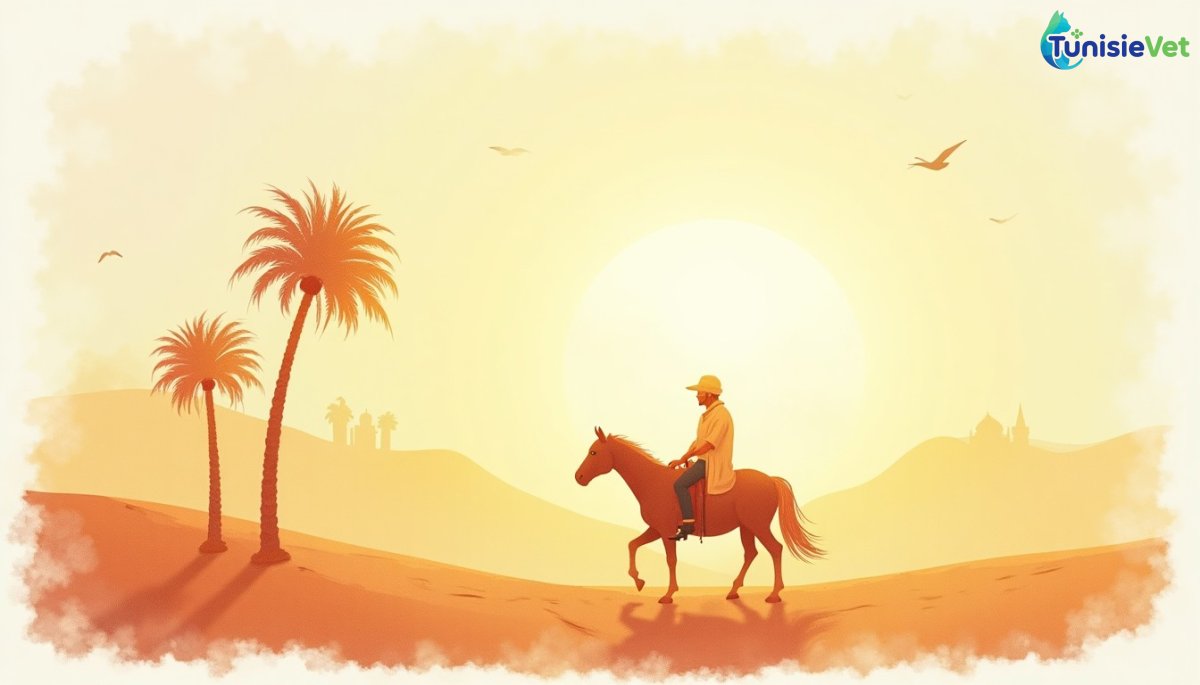 Un cheval arabe galopant dans le désert au lever du soleil, illustration douce en aquarelle.