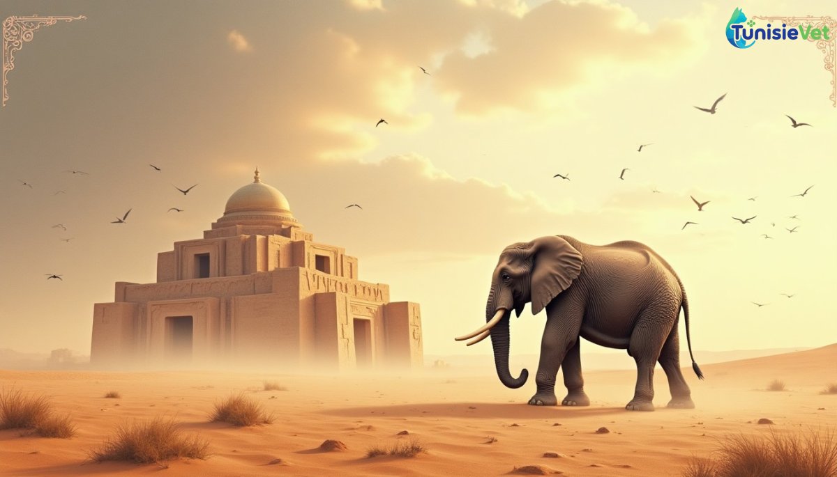 فيلٌ يقفُ ثابتًا في مواجهة الكعبة في الصحراء، بينما تقتربُ أسرابُ من الطير في السماء الذهبية.