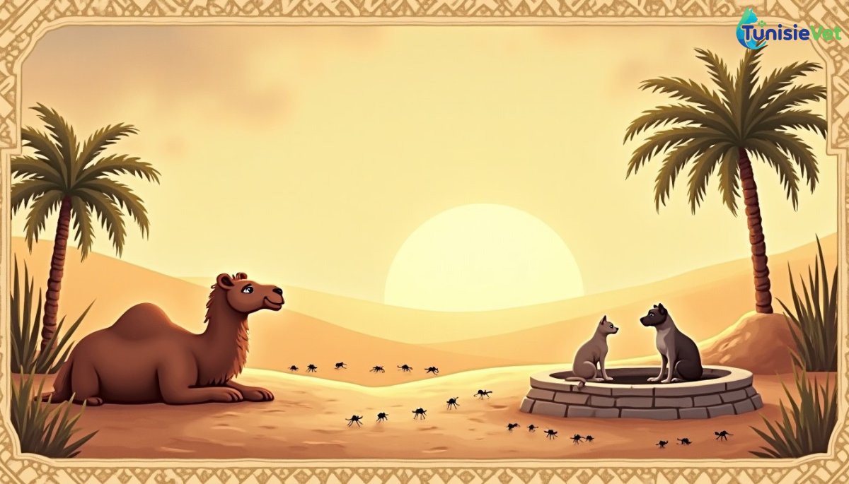 A gentle watercolour illustration of a camel, ants, a cat and a dog gathered peacefully near a well in an oasis at sunset.